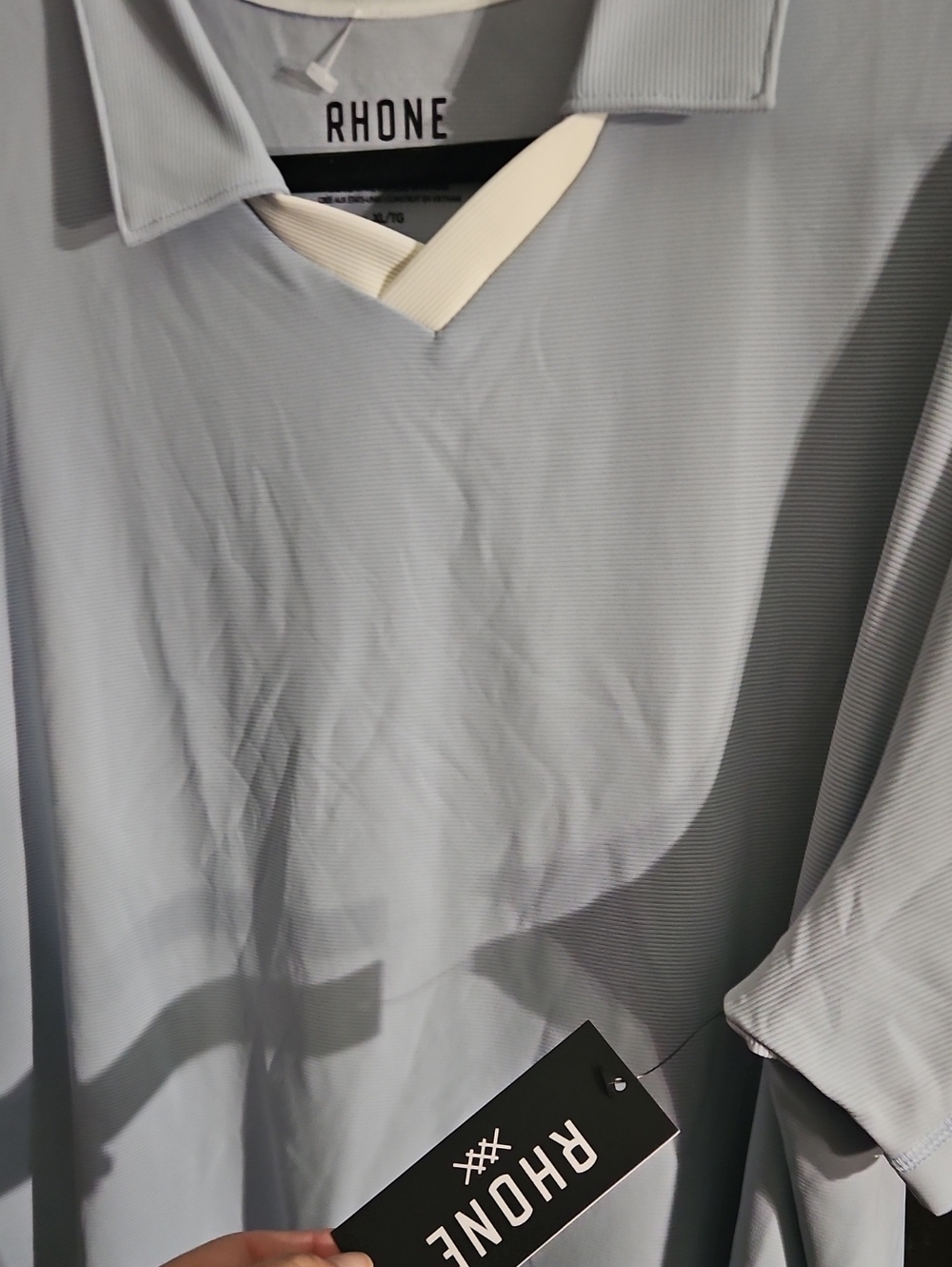 RHONE Men’s Performance Pale Blue Polo with V-Notch Collar